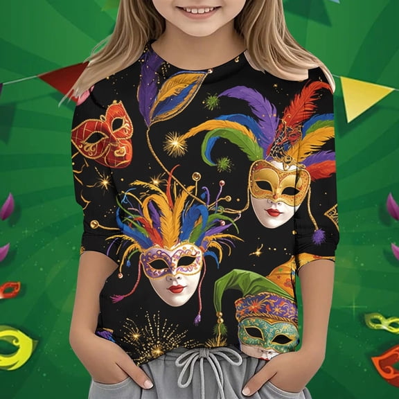 SNKSDGM Girls Girls Shirts Size 14 16 Green Birthday Girl Shirt 4T Children's Leisure Carnival Print O Neck Loose 3/4 Sleeves Quarter Sleeve T Shirt Top 4-5 Years