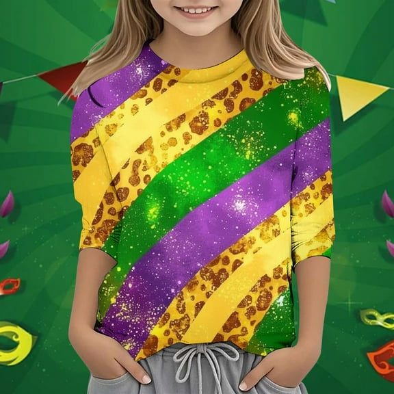 SNKSDGM Girls Girls Shirts Size 14 16 Green White T Shirts for Kids 10-12 Children's Leisure Carnival Print O Neck Loose 3/4 Sleeves Quarter Sleeve T Shirt Top 6-7 Years