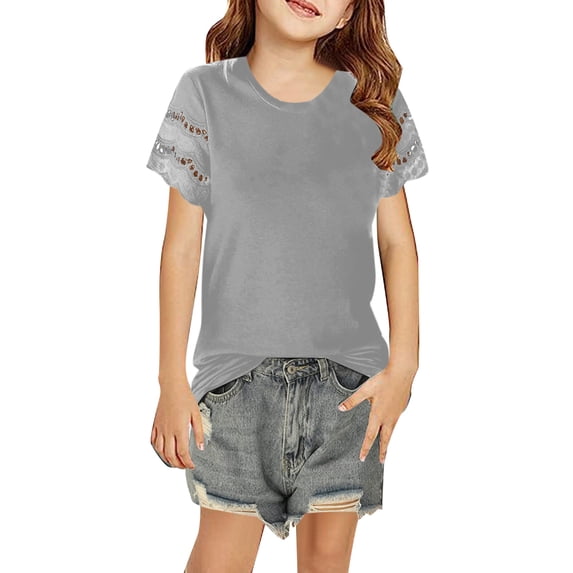 SNKSDGM Girls Girls Shirts Size 14 16 Summer Clothes for Girls 16-18 Kids Toddler Baby Girls Spring Summer Lace Solid Short Sleeve Loose Casual Tee Shirt 12-13 Years
