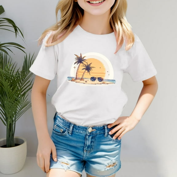 SNKSDGM Girls Girls Shirts Size 5/6 Cute Tops for Girls Cropped Boys Girls' Island Print Casual T Shirt Fashion Kids' Comfort Fit Top for Beach & Daily Wear 18-24 Months