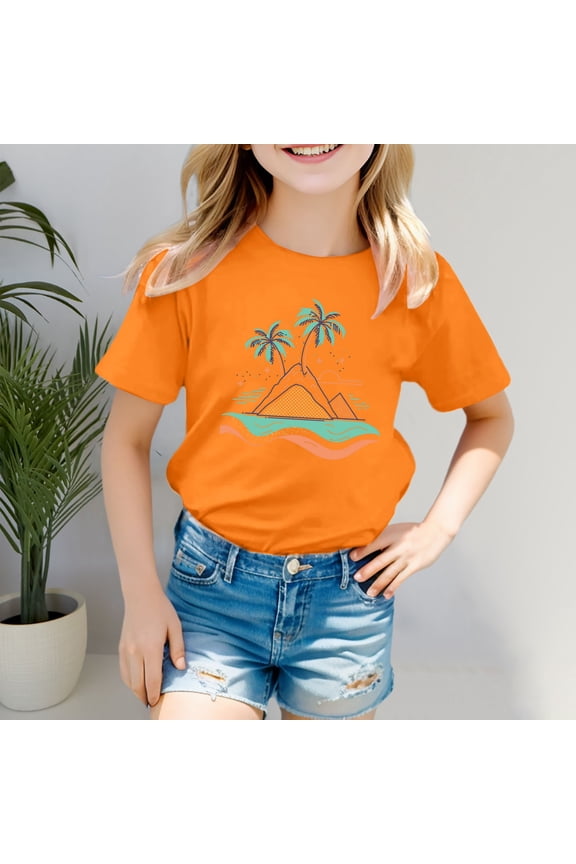 Girls Girls Shirts Size 6 Clothes for Girls 10-12 Trendy Cute Boys Girls' Island Print Casual T Shirt Fashion Kids' Comfort Fit Top for Beach & Daily Wear 4-5 Years