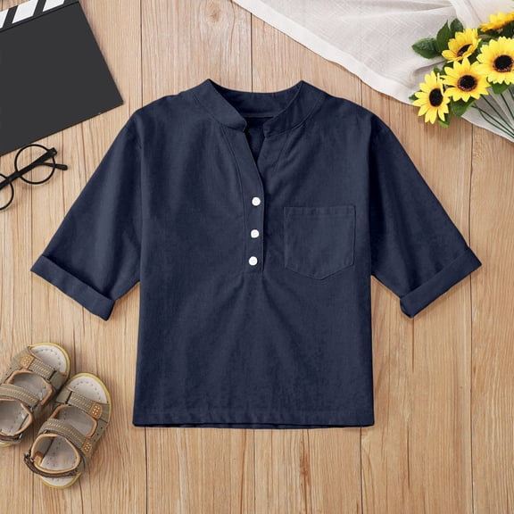 SNKSDGM Girls Girls Shirts Size 6 Shirts for Girls 10-12 Trendy Linen Shirts for Girl 3/4 Sleeve V Neck Blouses Buttons Loose Fit T Shirts Solid Color Summer Holiday Tops 5-6 Years