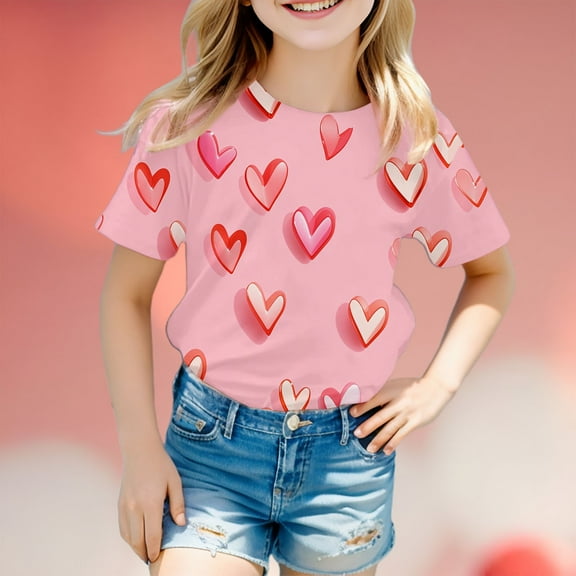 SNKSDGM Girls Girls Shirts Size 6X Girls White T Shirts Size 10-12 to Wear with Skirt Children's Valentine's Day Fashion Printed Short Sleeved Top 3-4 Years