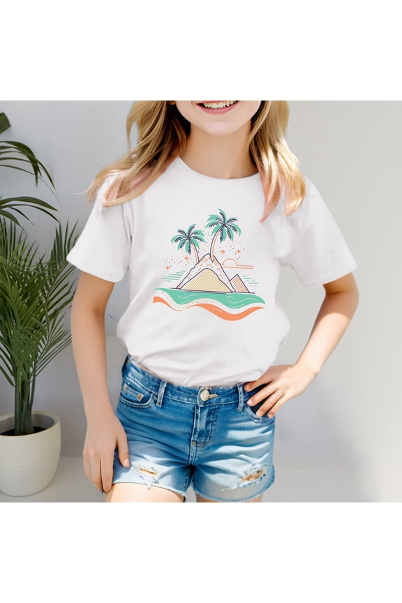 Girls Girls Short Sleeve Tops with Pocket Clothes for Girls 10-12 Trendy Cute Boys Girls' Island Print Casual T Shirt Fashion Kids' Comfort Fit Top for Beach & Daily Wear 3-4 Years