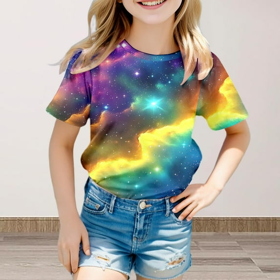 SNKSDGM Girls Girls Short Sleeve Tops Size 14-16 Red Baby Girl Clothes 6-9 Months Summer Shirt Girl's Short Sleeve Crew Neck Fancy T Shirt Top Teenager Girls 3D Print Glitter Tops for Carnival