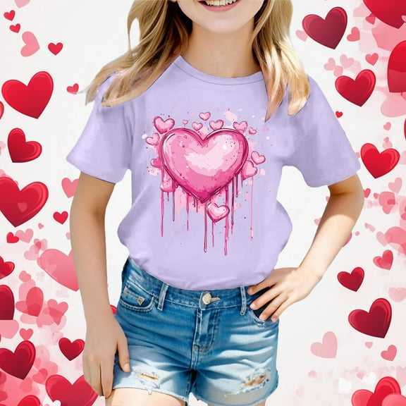 SNKSDGM Girls Girls Short Sleeve Tops Size 14-16 Summer Clothes for Teen Girls 14-16 Valentine's Day Children's Short Sleeve Top Printed T Shirt Casual Shirt 8-9 Years