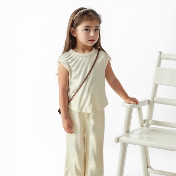 SNKSDGM Girls Girls Spring Outfits Size 14-16 Plus Girls Easter Outfits Size 10 Yellow Girls Clothes Summer Solid Knit Sleeveless Shirt Flare Pants Set Toddler Bottoms Outfit 7-8 Years