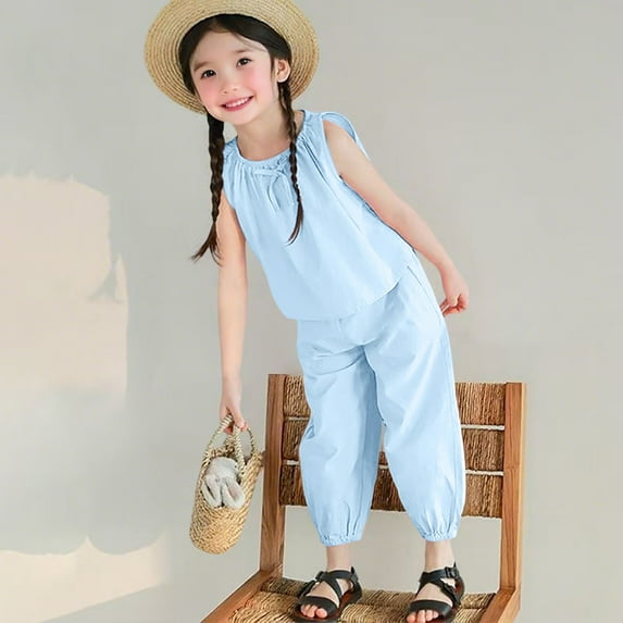 SNKSDGM Girls Girls Spring Outfits Size 7/8 Rompers Toddler Girl Spring Outfits Girls' Set Sweet Vest Top with Pants Summer Outfit Cute Casual Sleepwear Air Conditioning Suit Two Piece Set 7-8 Years