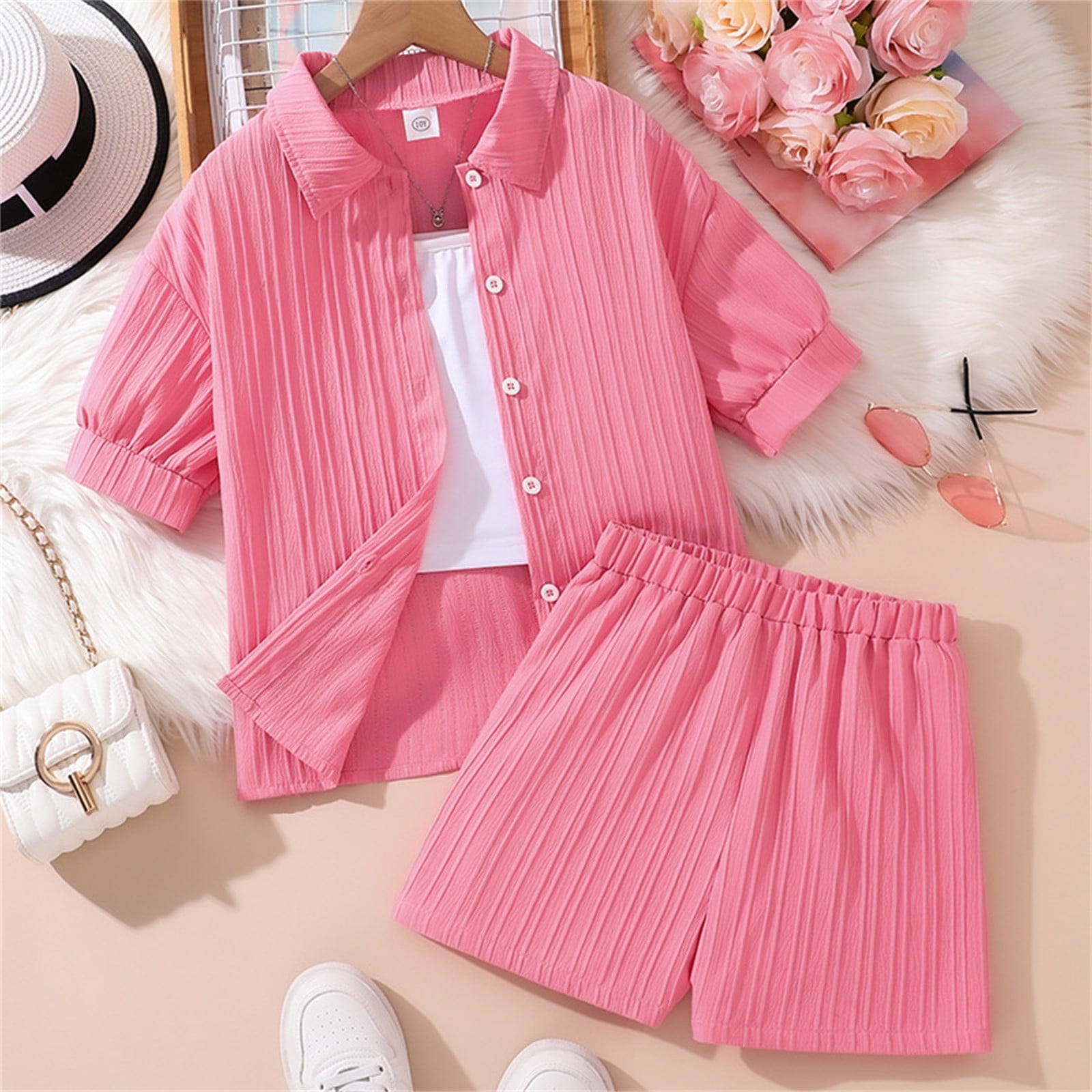 Girls Girls Summer Outfits Size 10-12 Cute Girls Spring Outfits Red Girls 2 Piece Set Kids Outfits Button Down Short Sleeve Collared Shirt Shorts Set 7 13 Years 12-13 Years