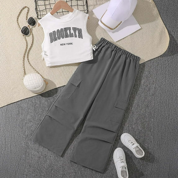 SNKSDGM Girls Girls Summer Outfits Size 14-16 2Nd Birthday Outfit Girl Girls Summer Sleeveless Letter Tank Top and Casual Pants Set for Big Kids Going Home Outfit Baby Girl 8 Years