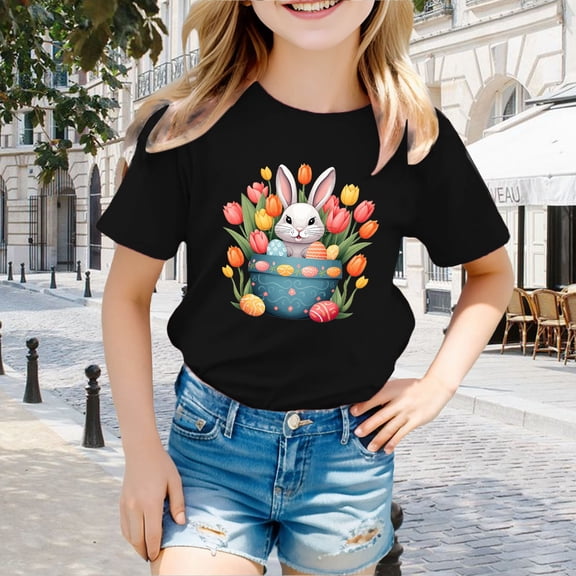 SNKSDGM Girls Girls White T Shirt Pack 10-12 Clothes for Girls 10-12 Years Easter Children's Cute Rabbit Easter Egg Casual T Shirt 8-9 Years