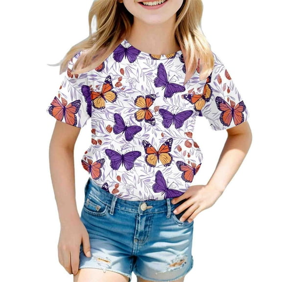 SNKSDGM Girls Girls White T Shirt Size 12 Clothes for Teen Girls 12-14 Jeans Kids Erfly Print Short Sleeve T Shirt Tops Casual 8-9 Years