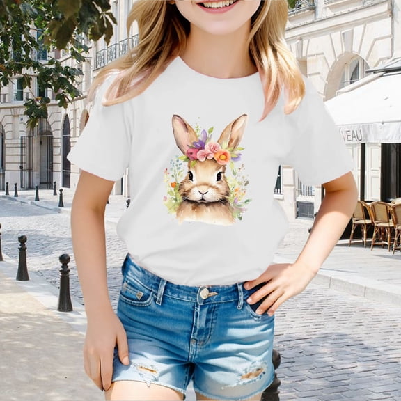 SNKSDGM Girls Girls White T Shirt Tops for Teens Girls Trendy Summer Easter Children's Cute Rabbit Easter Egg Casual T Shirt 4-5 Years