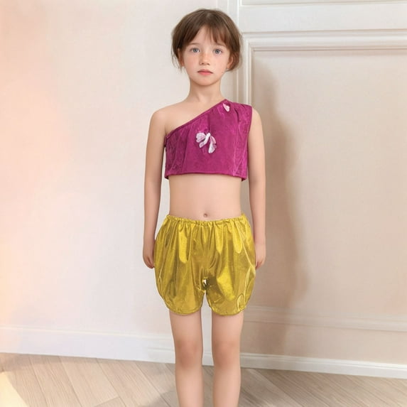 SNKSDGM Girls Pants Size 8 Wide Leg Children'sGold Bronzed Loose Shorts Dancing Hot Pants 10-12Years