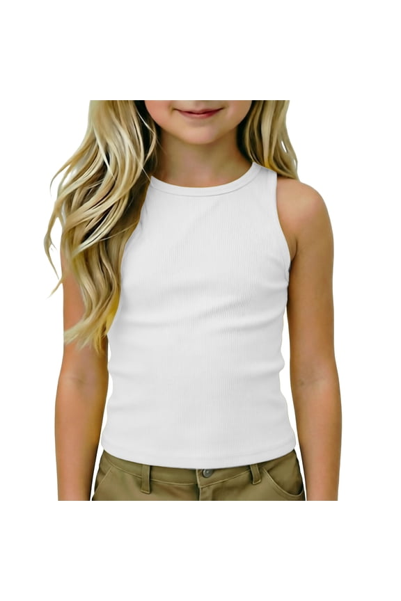 Girls' Ribbed Knit Racerback Tank Top, High-Neck Solid Color Athletic Dance & Layering Camisole for Summer Wear, Under Jackets, and Dance Practice White 7-8 Years