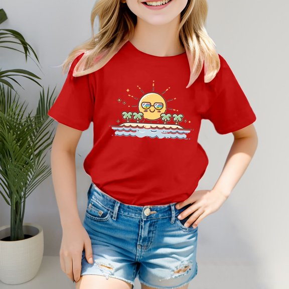 SNKSDGM Girls Shirts for Girls 10-12 Years Old Clothes for Teen Girls 12-14 Boys Girls' Island Print Casual T Shirt Fashion Kids' Comfort Fit Top for Beach & Daily Wear 8-9 Years