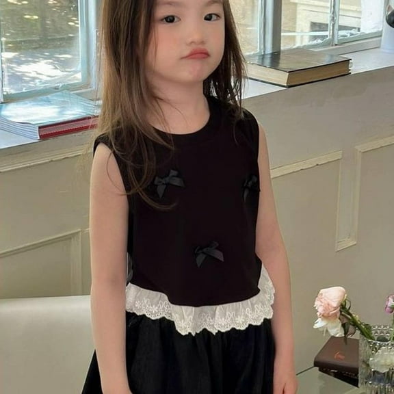 SNKSDGM Girls Shirts for Girls 12-14 Trendy Clothes for Girls 10-12 Cute Outfits Summer Spring/Summer Girls Bow Short Vest Style Baby Lace Lace Patchwork Sleeveless Top Trend 7/140