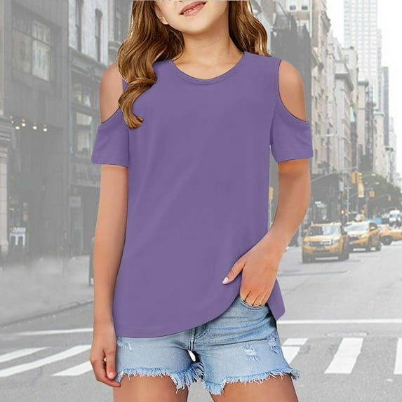SNKSDGM Girls Shirts for Girls 14-16 Y2K Birthday Girl Shirt 3 Years Old Children Kids Girls Short Sleeve Shirts Cute Crew Neck Cold Shoulder Tee Top 9-10 Years