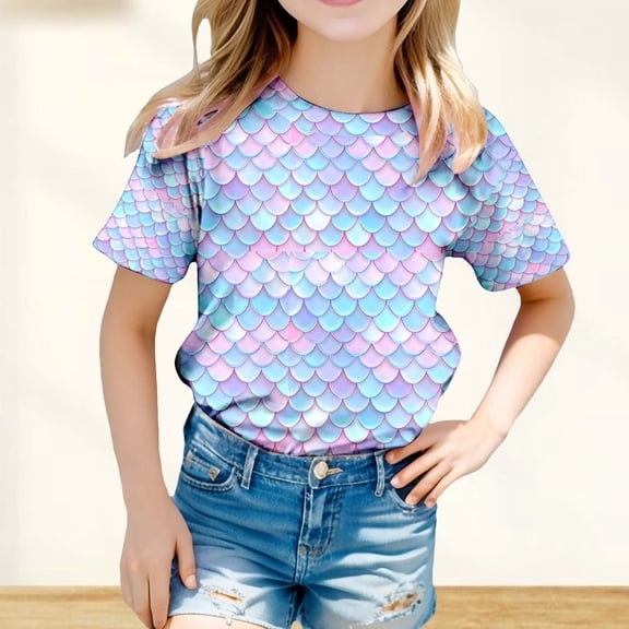 SNKSDGM Girls Shirts for Girls Size 8-10 Birthday Girl Shirt 4X Toddler Girls' Multicolor Fish Scale Print Casual Shirt | Summer Short Sleeve Top 10-11 Years