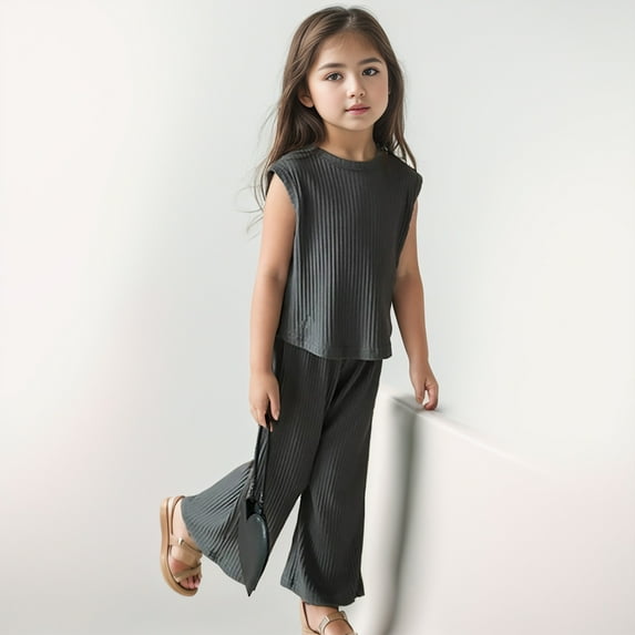 SNKSDGM Girls Spring Outfits for Girls 14-16 Girls Easter Outfits Size 10 Yellow Girls Clothes Summer Solid Knit Sleeveless Shirt Flare Pants Set Toddler Bottoms Outfit 3-4 Years