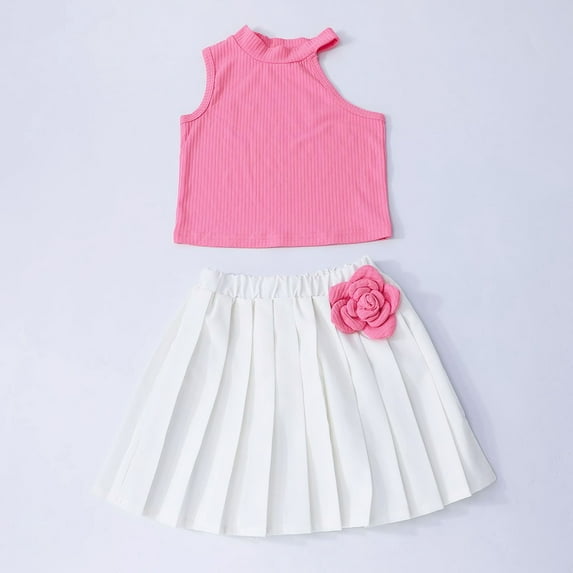 SNKSDGM Girls Spring Outfits for Girls 7-8 Girls Easter Outfits Size 6 Long Sleeve Girl's Sleeveless Top Paired with Embroidered White Pleated Skirt Set 6-7 Years
