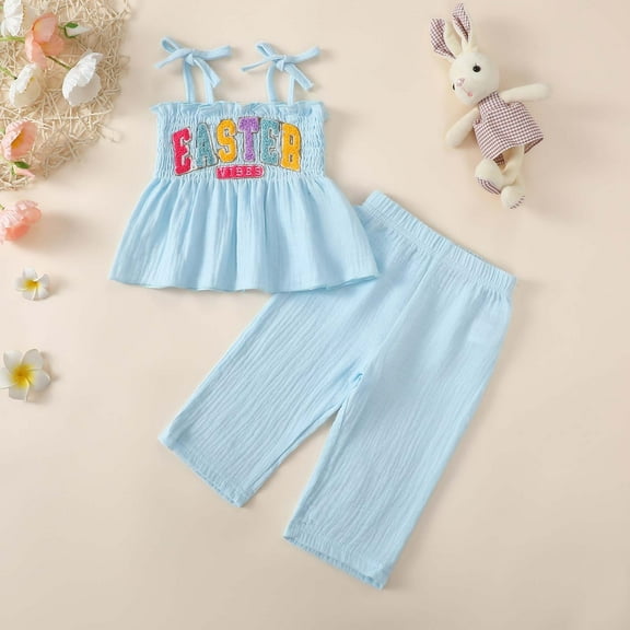 SNKSDGM Girls Spring Outfits for Girls Size 10-12 Baby Girl Outfits 6-9 Months Fall Girls' Easter Bunny 2 Piece Outfit Set Towel Embroidery Sleeveless Top & Soft Pants for Spring Summer 18-24 Months