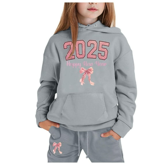 SNKSDGM Girls Spring Outfits for Girls Size 10 Plus Girls Summer Outfits Size 8-10 Under 20 Children's Middle and Older Children's Long Sleeved 2025 New Year's Print Hooded Top Sweater Pants Set