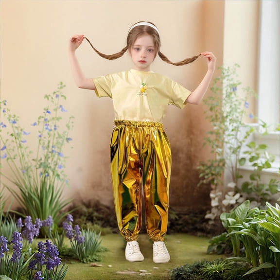 SNKSDGM Girls Sweatpants Size 12 Cotton Bronzed Bright Straight Pants Children'sStretch Dance Closing Pants 3-4 Years