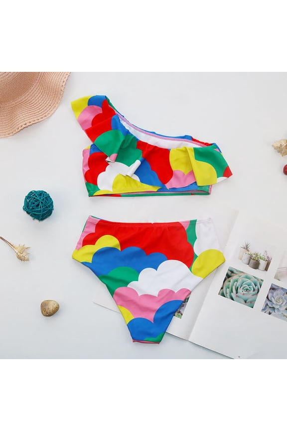 Girls Swimsuit Cover up Long Sleeve Girls Colorful Cloud Print Swimsuit Suit Summer One Shoulder Pleated Top Shorts Suit 2 Piece Set 7-8Years
