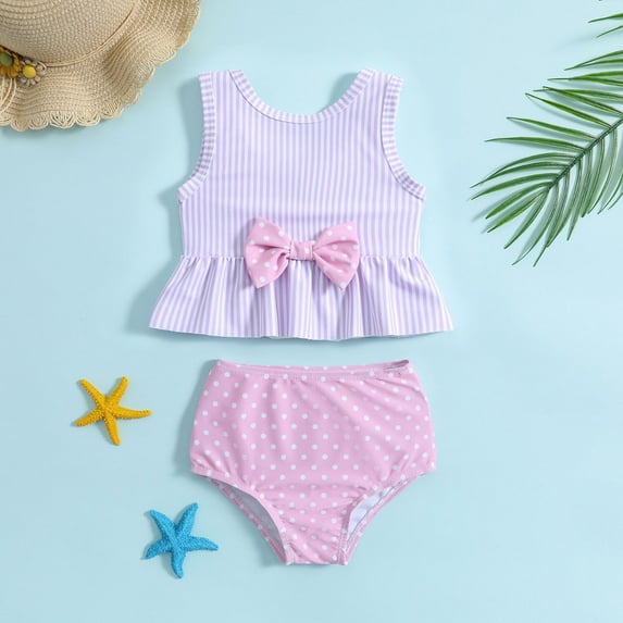 SNKSDGM Girls Swimsuit Coverup Summer Toddler Girls Striped Printed Bowknot Two Piece Swimwear Swimsuit Bikini 18-24 Months