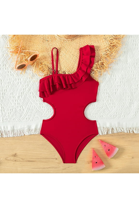 Girls Swimsuit with Shorts Size 10 Kids Girls Swimsuits One Shoulder Ruffle Swimwear Solid Bathing Suit 11-12 Years