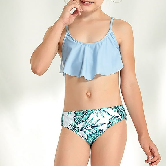 SNKSDGM Girls Swimsuits Size 14-16 Shorts Girl's Swimsuit Two Piece Leaf Print Shorts for 7 To 14 Years Swimming Pool Hot Spring Natatorium 13-14Years