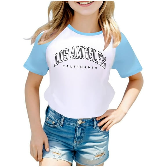 SNKSDGM Girls T Shirts for Girls 7-8 Girls Shirts Size 7-8 Graphic Boys and Girls Us City Print Raglan Short Sleeve T Shirt 3427 13-14 Years