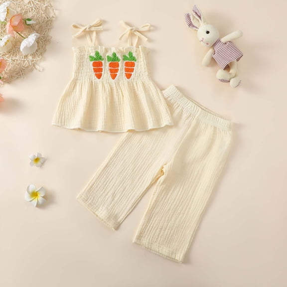 SNKSDGM Girls Toddler Easter Outfit Girl Romper Baby Girl Outfits 6-9 Months Fall Girls' Easter Bunny 2 Piece Outfit Set Towel Embroidery Sleeveless Top & Soft Pants for Spring Summer 9-12 Months