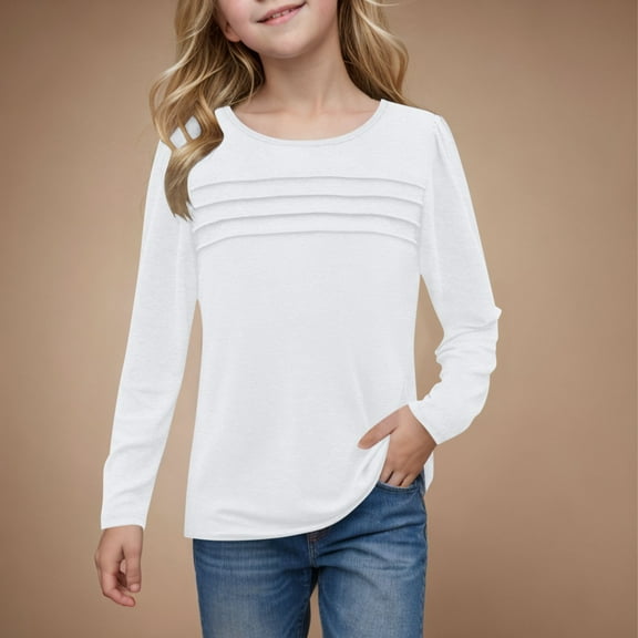 SNKSDGM Girls White Shirt Girls 6T Girls Shirts Size 5 Girls Pleated Front Long Sleeve Shirts Kids Puffed Soft Cute Casual Crewneck T Shirts Tops 9-10 Years