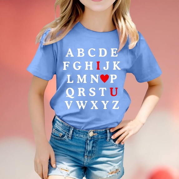 SNKSDGM Girls White Shirt Girls Bulk Long Sleeve White Shirt Girls Children's Valentine's Day Fashion Printed Short Sleeved T Shirt 6-7 Years