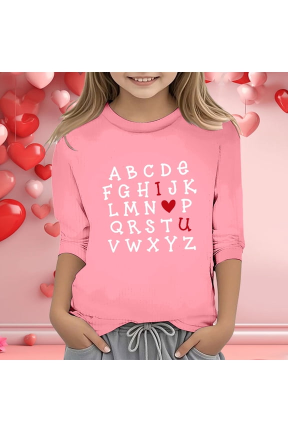 Girls White Shirt Kids 7-8 Girls Shirts for Girls 14-16 Cute Girls' Valentine's Day Print Fashion Functional Crew Neck 3/4 Quarter Sleeve Casual T Shirt Top 5-6 Years