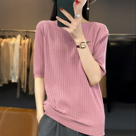 SNKSDGM Going Out Tops for Women Long Sleeve Knit Short Sleeve T Shirt for Women Casual Loose fit Crew Neck Top for Spring and Summer Layering Basic Tee Shirts for Women Trendy Under 10