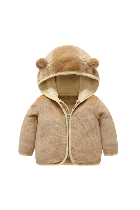 Infant Toddler Bear Ear Hooded Zip Up Coat, Solid Thick Coral Long Sleeve Warm Cotton Jacket Full Zip Casual Outerwear Baby Boys Girl Brown 6-12 Months
