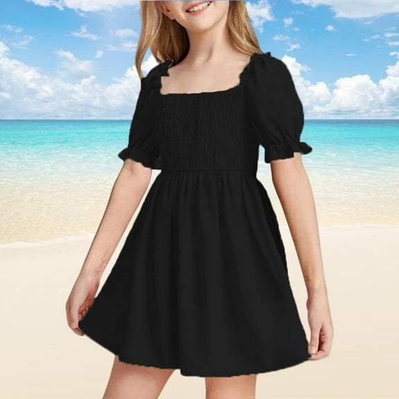 SNKSDGM July 2025 Dresses for Teens Girls 12-14 Girl Dress Summer Girls Chiffon Ruffle Mini Dress Square Neck Short Sleeve Solid A Line Dress 5-6 Years