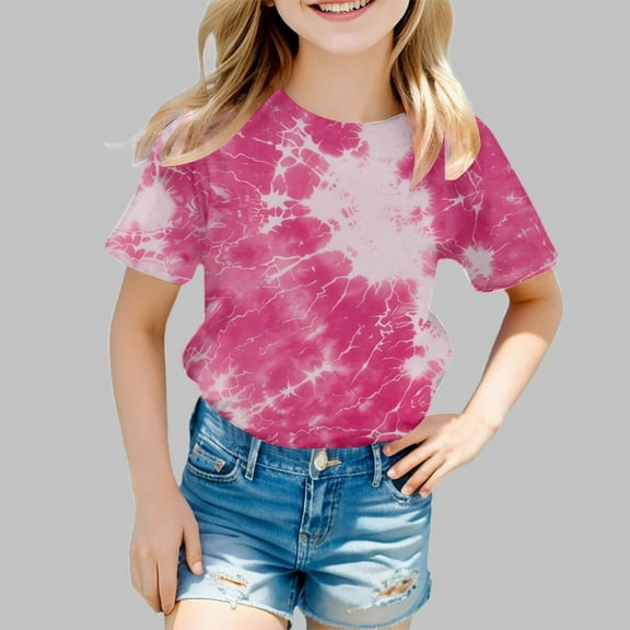 SNKSDGM July 2025 Girls T Shirts Girls' Tie Dye Print Short Sleeve T Shirt Summer Fashion Casual Round Neck Tee for Toddler & Kids White Shirt Kids Boys 6-7 Years
