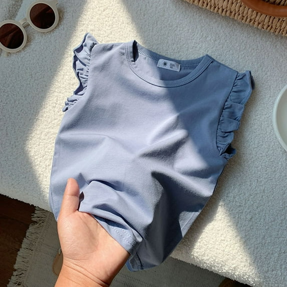 SNKSDGM July 2025 Toddler Girl T Shirts Girls Ruffle Sleeve T Shirt Solid Color Vest Girls Basic Short Sleeve Cute Tops for Girls 3-4 Years