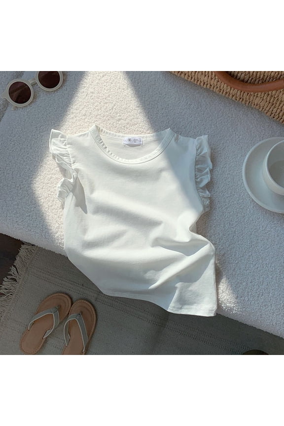 July 2025 Toddler Girl T Shirts Girls Ruffle Sleeve T Shirt Solid Color Vest Girls Basic Short Sleeve White Shirt Girls 10-12 5-6Years