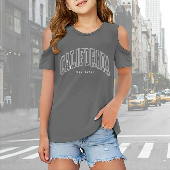 SNKSDGM Late July Girls T Shirts Children Kids Girls Short Sleeve Cold Shoulder T Shirts Kids Summer Oversized Tops Casual Crewneck Basic Tees Girls Shirts Size 6-7 11-12 Years