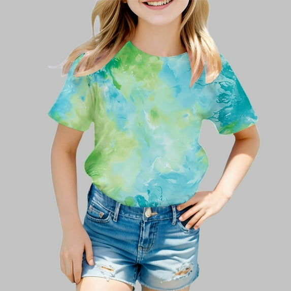 SNKSDGM Late July Girls T Shirts Girls' Tie Dye Print Short Sleeve T Shirt Summer Fashion Casual Round Neck Tee for Toddler & Kids Cute Tops for Girls 10-12 Not Cropped 12-13 Years