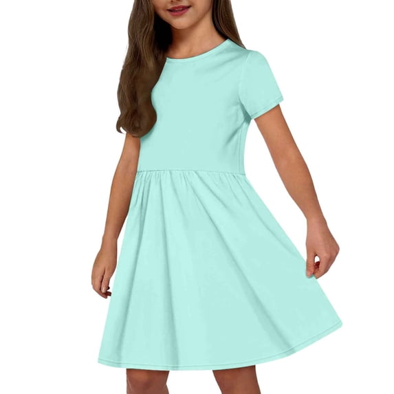 SNKSDGM Late July Summer Dresses for Toddler Flower Girl Dress Kids Fashion Solid Round Neck Short Sleeve Casual Comfortable Pocket Dress 5-6 Years