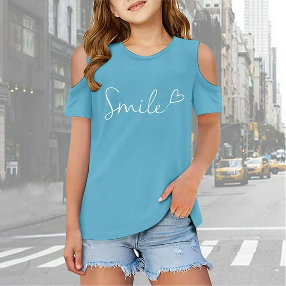SNKSDGM Late July Toddler Girl Short Sleeve Graphic T-Shirt Children Kids Girls Short Sleeve Cold Shoulder T Shirts Kids Summer Oversized Tops Casual Crewneck Basic Tees Girls Shirts Size 8