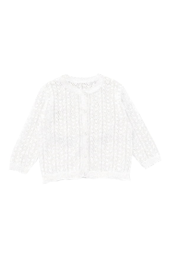 Little Girls Four Solid Color Round Neck Ice Silk Hollow Thin Knit Button Front Long Sleeve Spring Summer Sun Air Conditioning Knit Cardigan Outerwear Sweater Jacket White 5-6 Years