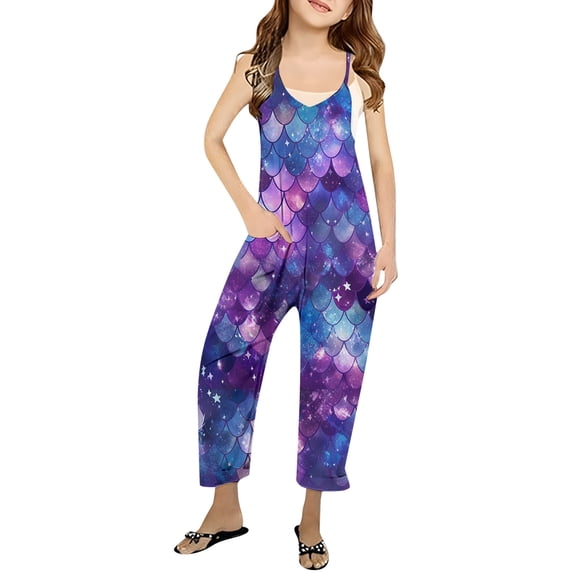 SNKSDGM Pants for Girls 10-12 Girls' Fish Scale Printed Casual V Strap Romper Solid Color Loose Casual Romper with Pocket 9-10Years