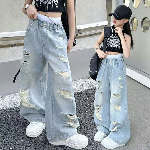 SNKSDGM Pants for Girls 4T Girls Fashion Cute Personality Pants Elastic Waist Wide Leg Jeans Casual Demin Pants with Pockets 11-12 Years